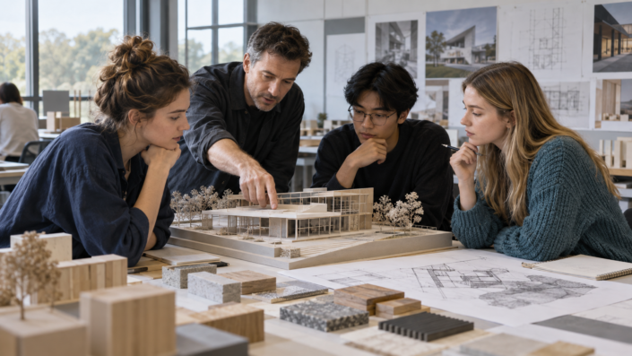 prestige-ucd-subject-architecture-studio-08840aaa970b 건물 모형과 설계 도면을 검토하는 건축 스튜디오