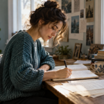 책과 원고를 펼쳐 놓고 이야기를 쓰는 창작자