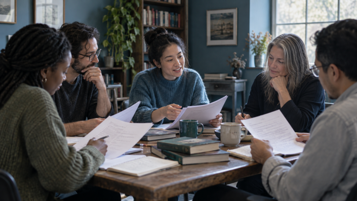 prestige-ucd-subject-creative-writing-second-9d942d92ae37 원고를 함께 읽고 의견을 나누는 창작 글쓰기 세미나 참가자들