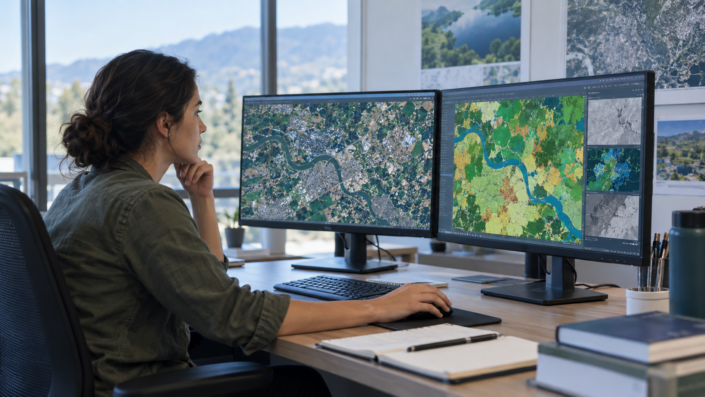 prestige-ucd-subject-gis-remote-sensing-e378dbf0f7ce 위성 영상과 지리정보 지도 레이어를 분석하는 연구진