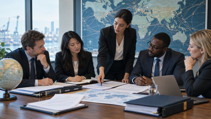 prestige-ucd-subject-international-law-business-e7da73d6f832 국제계약 문서와 무역 경로를 검토하는 법률·비즈니스 팀