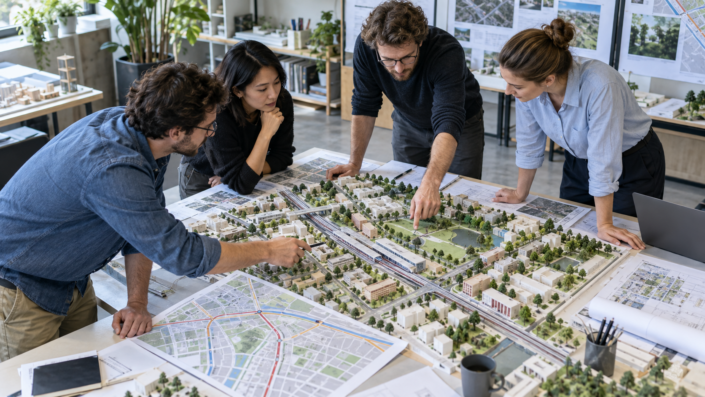 prestige-ucd-subject-regional-urban-planning-3b71eeb7b572 교통과 주거가 표시된 도시 지구 모형을 검토하는 계획가